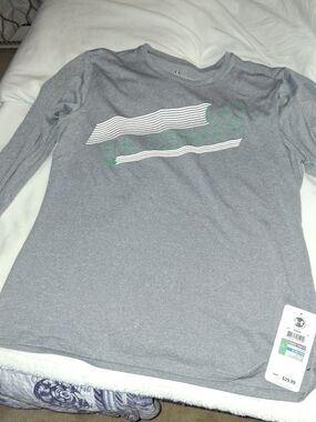 Under Armour Grey Long-Sleeve Performance Tee with White and Green Graphic